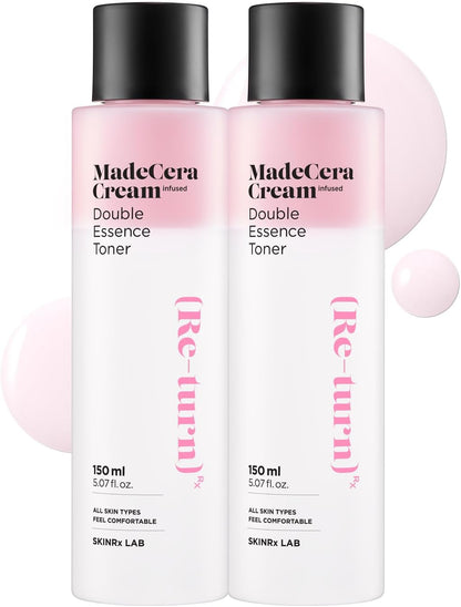 SKINRxLAB MadeCera Cream Double Essence Korean Toner 2 Pack - Hydrating and Soothing Toner with Milk Protein, Ceramide, Beta-Glucan - Moisturizing Strawberry Milky for Irritated Skin