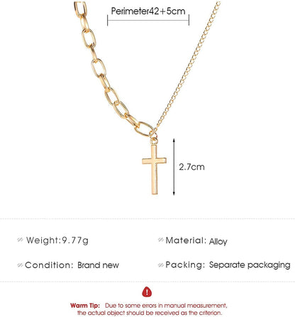 Simple Cross Necklace Asymmetric Chain Cross Pendant Necklace Paperclip Chain Fashion Jewelry for Women and Girls