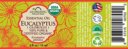 US Organic 100% Pure Eucalyptus Essential Oil (Globulus) - USDA Certified Organic, Steam Distilled - W/Euro droppers (More Size Variations Available) (15 ml / .5 fl oz)