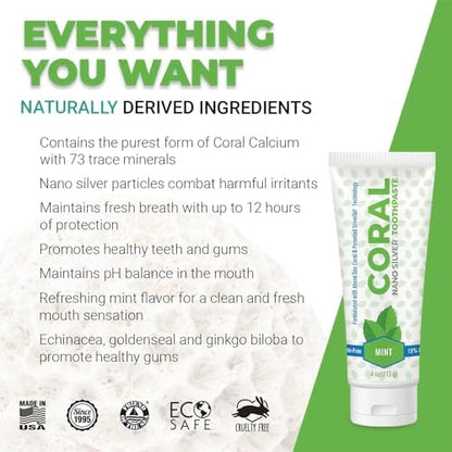 Coral White Nano Silver Mint Toothpaste, Natural Fluoride Free Teeth Whitening Toothpaste, Coral Calcium Nano Silver Infused SLS, Glycierin Free 4 Ounce (4 Pack)