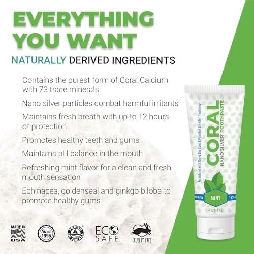 Coral White Nano Silver Mint Toothpaste, Natural Fluoride Free Teeth Whitening Toothpaste, Coral Calcium Nano Silver Infused SLS, Glycierin Free 4 Ounce (2 Pack)