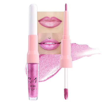 evpct Pink Metallic Glitter Lip Liner and Lipstick Combo Lip Gloss Stain Set Makeup for Women Long Lasting Waterproof 24, Rose Pink Metallic Shimmer Frosted Iridescent Glossy Liquid Lipstick 21
