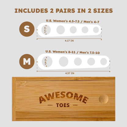 Awesome Toes Spacers & Separators, Fast Pain Relief from Hammertoe & Bunions, Two Pairs in Stylish Wooden Box, Latex-Free Rubber Toe Stretchers Used for Walking, Running & Yoga Practice