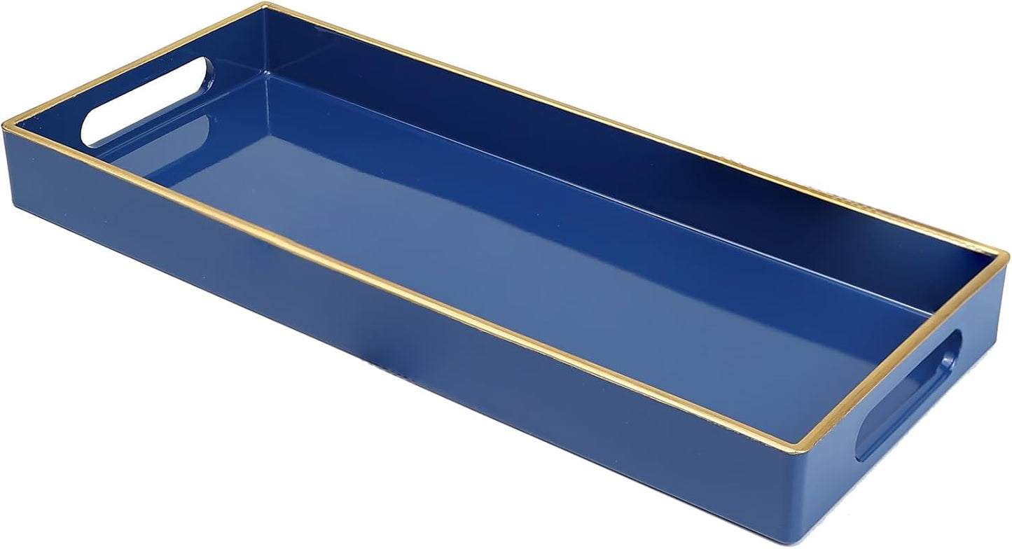 Blue Bathroom Vanity Tray for Countertop, Small Plastic Toilet Tank Versatile Storage & Organization Tray for Makeup, Perfume, Desk, Kitchen, Candles, 13.7"x6"x1.4", 35HB
