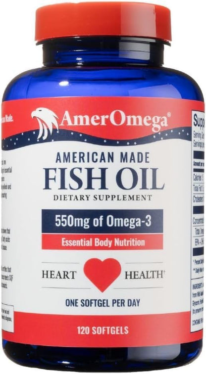 AmerOmega Triglyceride Omega-3 Fish Oil for Heart Health Support - Wild-Caught Alaskan Walleye Pollock - American-Sourced, American-Made - Non-GMO, Gluten-Free & Dairy-Free - 120 Softgels
