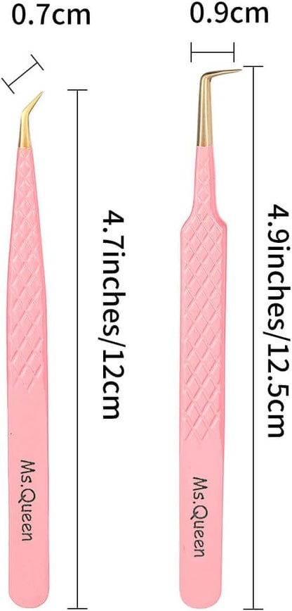 Ms.Queen Eyelash Extension Tweezers,2Pcs Fiber Tip 90 Degree Volume Tweezers and Isolation Lash Tweezers Set