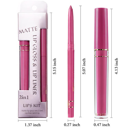 evpct 2Pcs Rose Matte Lip Liner and Lipstick Gloss Stains Makeup Set Kit for Women Long Lasting Waterproof 24, Rose Red Matte Lipstick Kit with Lip Liner, 24 Hour Lipsticks Pencils