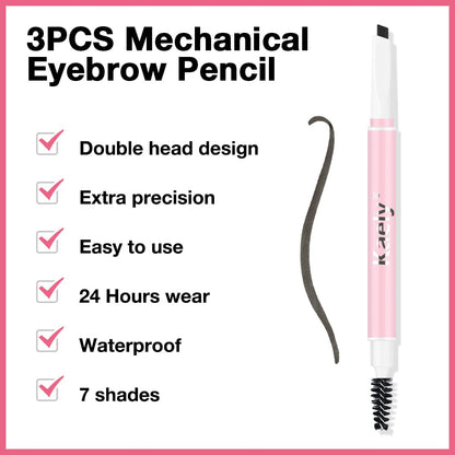 3Pcs Waterproof Eyebrow Pencil, Professional Makeup Micro Brow Pencil, Double-ended ultra-fine eyebrow pencil, Ultra-Fine Mechanical Pencil (3, 01#Ebony)