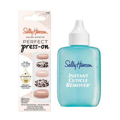 Sally Hansen Instant Cuticle Remover & Salon Effects Going Wild Press On Nails Kit - 15 Second Cuticle Gel with Aloe & 30 Nail Designs with Nail Glue