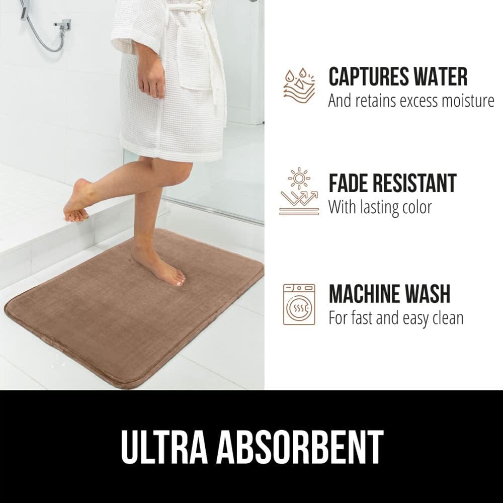 GORILLA GRIP Memory Foam Bath Mat, Soft Absorbent Velvet Bathroom Mats, Durable Dots on Underside, Machine Washable Bathmat, Carpet Rug Room Decor for Shower Tub Floor RV, 24x17 Rugs, Taupe
