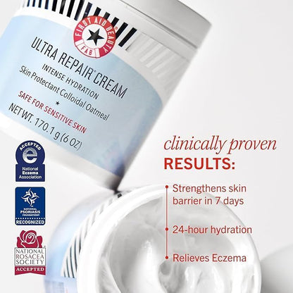 First Aid Beauty - Ultra Repair Cream, Intense Hydration Whipped Colloidal Oatmeal, Clinically Proven to Strengthen Skin Barrier & Help Relieve Eczema, Face & Body Moisturizer, 14oz Fresh Strawberry