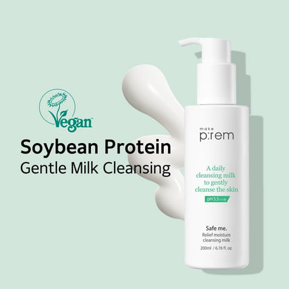 MAKE P:REM Safe Me. Relief Moisture Cleansing Milk, Hydrating Gentle Face Wash for Sensitive Skin with Soy Protein, Korean Milky Cleanser, Korean Skin Care, 6.76 Fl.Oz, 200ml