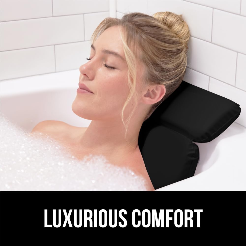 GORILLA GRIP Bath Pillow for Tub, Improved Suction Cups, Luxury Bathtub Pillows, Headrest for Neck and Back Support, Relaxing Home Spa, Hot Tubs and Bathroom Essentials, Gifts for Women, 2 Panel Black