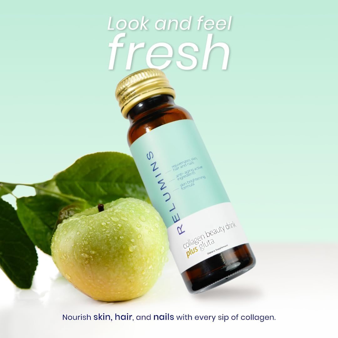 Relumins Advanced Collagen Beauty Drink with Glutathione, Hyaluronic Acid & Antioxidants - Post-Summer Skin Recovery & Shots for Radiant Skin, Hair & Nails - Apple Flavor - 20 Bottles x 50mL