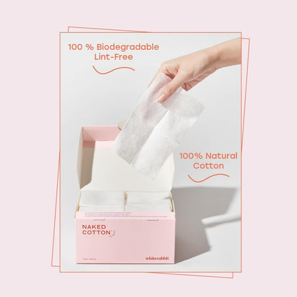 White Rabbit - Naked Cotton Classic - Premium Facial Cotton Pads - for Makeup Remover, Toner, Mask - 100% Cotton, Unbleached, Lint-Free - Extra Soft & Durable - Natural & Cruelty-Free - 100 Count