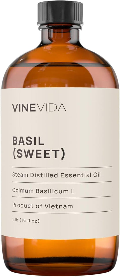 VINEVIDA Basil (Sweet) Essential Oil 16 oz - Undiluted Basil (Sweet) Oil 16 oz - Basil (Sweet) Candle Oil Scent - DIY Candle Scents for Candlemaking - Bulk Essential Oil for Soap Making Safe for Skin
