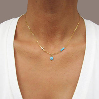 Boho Evil Eye Necklace Exquisite Cross Necklace Blue Rhinestones Choker Gold Chain Drop Evil Eye Pendant Wedding Necklace Charm Fashion Jewelry Gift for Women and Girls