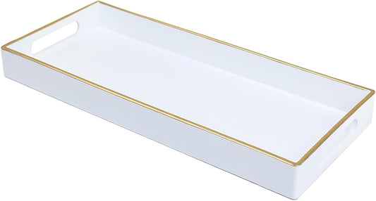 White Bathroom Vanity Tray for Countertop, Small Plastic Toilet Tank Versatile Storage & Organization Tray for Makeup, Perfume, Desk, Kitchen, Candles, 13.7"x6"x1.4", 35W