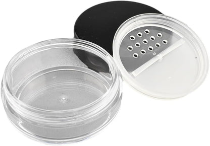 HAHIYO 1Pcs 10ml/0.34oz Plastic Empty Travel Compact Case Makeup Cosmetic Jar Refillable Powder Box No Leak Powder Holder with Rotatable Sifter and Black Screw Lid