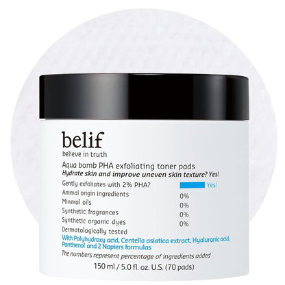 belif PHA 2% Toner Pads – Gentle Exfoliating Facial Polish for Pore Care, Hydrating & Soothing with Panthenol & Cica, Double-Sided Texture, Ideal for Sensitive Skin, Korean Skincare (70 Pads)