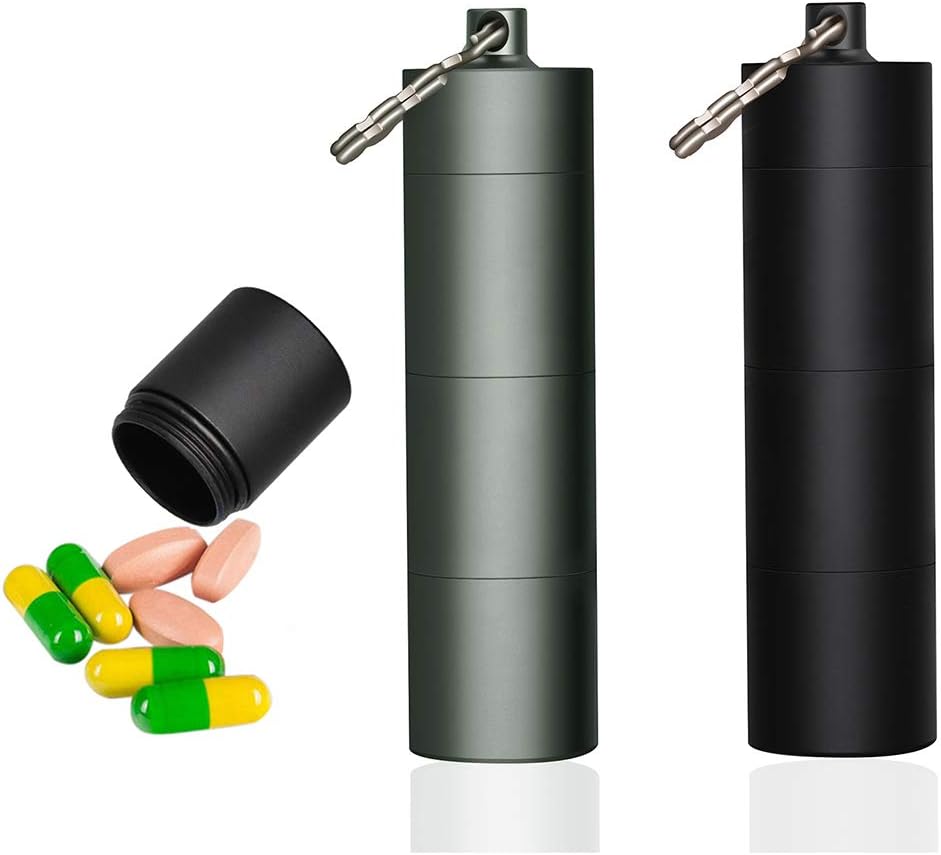 Portable Keychain Pill Case Holder, EFFIET 3 Compartments Metal Pocket Emergency Pill Container Box for Daily Supplyment (Black+Matt Finished)