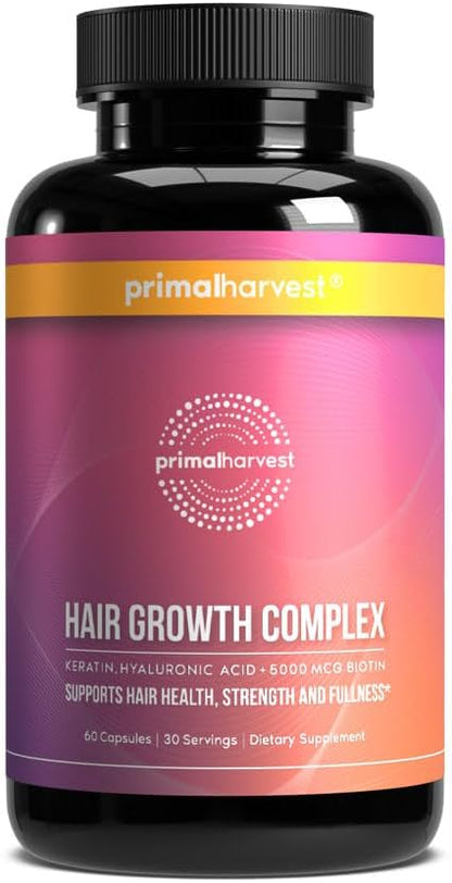 Primal Harvest Hair Growth Vitamins, Hair Growth for Women & Men - 60 Hair Growth Pills, Natural Hair Thickening Products for w/Biotin & Zinc - Hair Supplement, Regrowth Hair Vitamins