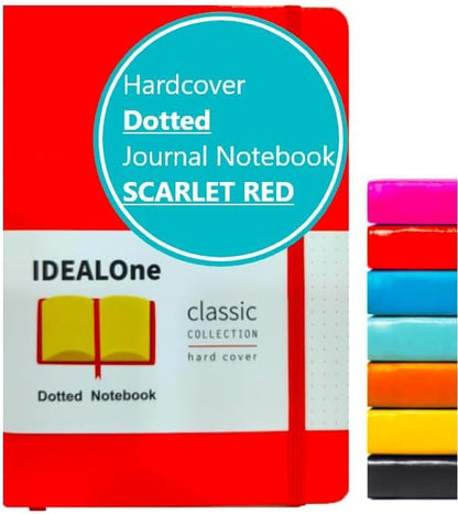 IDEALOne Dotted Hardcover Leather Notebook Journal – Work, Home, School, 5.7 x 8 inches, 7mm wide, 160 Pages, 100GSM, with Elastic Band and Ribbon Bookmark (Scarlet Red, Single)