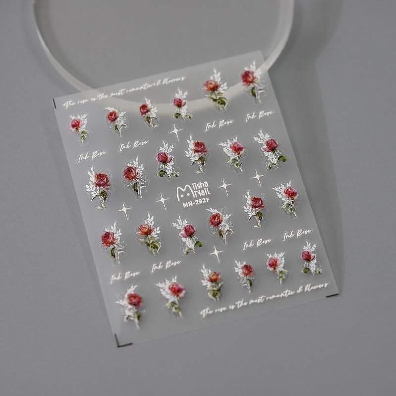 5D Embossed Nails Art Stickers Nail Decals for DIY Nail Art Self-Adhesive Nail Stickers for Nail Art Nail Supplies Accessories for Women Girls Kids (1, Red Rose)