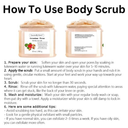 Geranium + Pecan Body & Foot Scrub 10 oz - a refreshing exfoliating experience, leaving your skin feeling smooth, soft, and revitalized - The best stocking stuffer.