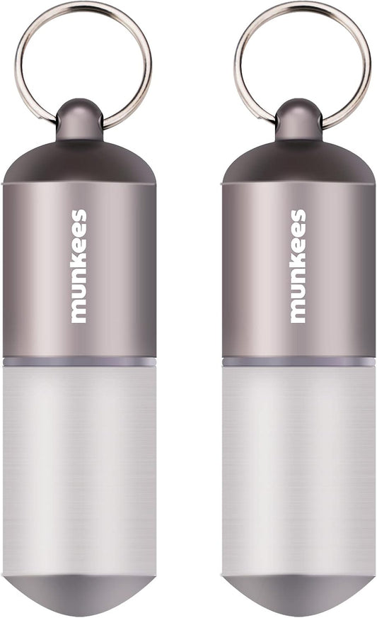 munkees Portable Pill Case Large Waterproof Capsules EDC Keychain, Travel Pill Bottle for Camping, Hiking, Backpacking, Compact Valuables Container for Outdoors 2-Pack