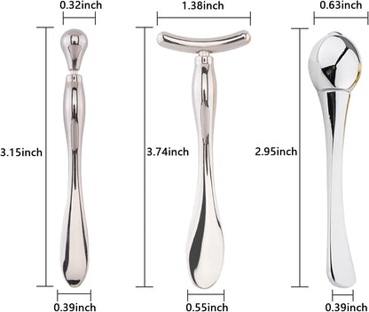 BetterJonny 3Pcs Metal Eye Cream Applicator Roller Wand Stick, Cosmetics Spoon Eye Cream Massager Wand Girls Women Facial Massager for Fatigue Relief Reduce Puffiness (Silver)