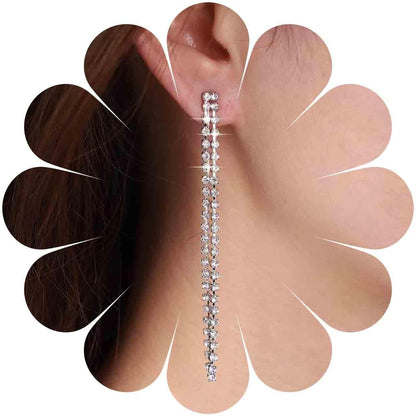 Vintage Rhinestone Chandelier Drop Earrings Long Crystal Chain Earrings Silver Tennis Chain Tassel Earrings Shine Cz Dangle Earrings Jewelry for Women