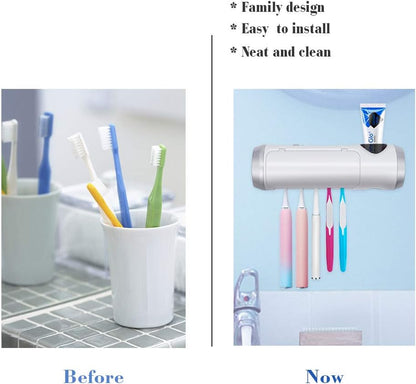 SARMOCARE Toothbrush Holder Cleaner with Fan Drying & 6min Timing Function, 5 Toothbrush Slots, Rechargeable Bathroom Wall Mounted Fit Sonic and Manual Toothbrushes