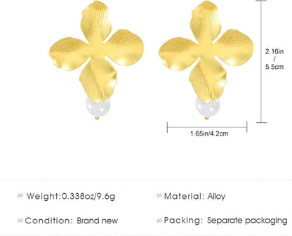 Boho Big Flower Drop Earrings Vintage Gold Floral Petal Dangle Earrings Statement French Flower Pearl Drop Earrings Studs Wedding Bridesmaid Earrings Jewelry for Women