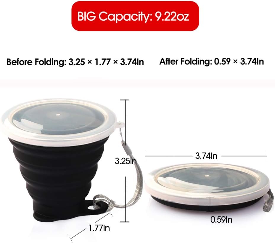 ME.FAN Silicone Collapsible Travel Cup - Silicone Folding Camping Cup with Lids - Expandable Drinking Cup Set - Portable, Graduated [9.22oz]
