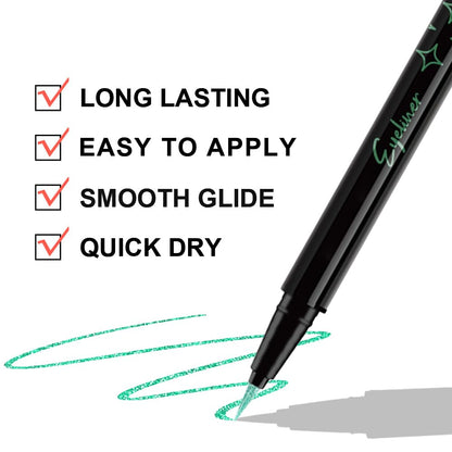 Green Metallic Glitter Liquid Eyeliner Pen – Long-Lasting Sparkly Waterproof Eyeliner for Women & Men – Tattoo-Effect Eye Makeup for Parties – Delineador Líquido con Brillo 06
