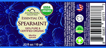 US Organic 100% Pure Spearmint Essential Oil - USDA Certified Organic, Steam Distilled - W/Euro droppers (More Size Variations Available) (10 ml / .33 fl oz)