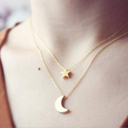 Bohemian Layered Necklace Moon Star Necklace Chain Long Pendant Necklaces Jewelry for Women and Girls (Gold)