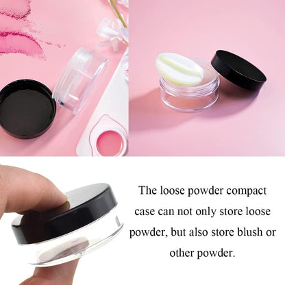 HAHIYO 4pcs 10ml/0.34oz Plastic Empty Travel Compact Case Makeup Cosmetic Jar Refillable Powder Box No Leak Holder with Rotatable Sifter and Black Screw Lid