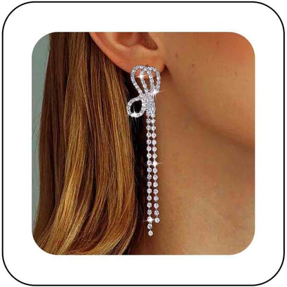 Vintage Crystal Chandelier Drop Earrings Long Rhinestone Chain Earrings Silver Cz Bow Tassel Earrings Sparkly Bridal Tennis Chain Earrings Jewelry for Women