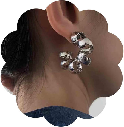 Vintage Exaggerated Irregular Circle Earrings Twist Hoop Earrings Twisted Rope Round Earrings Silver Circle Hoop Dangle Earrings Jewelry for Women