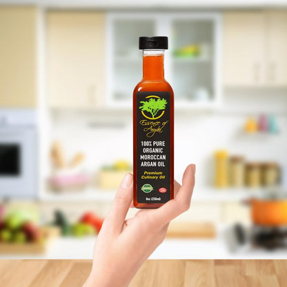 Essence of Argan Organic Moroccan Argan Oil for Cooking 8 Ounces - USDA Approved, Eco-Certified Organic Argan Oil with Rich Nutrients - Premium Culinary Oil & Keto Dressing with Toasted Nutty Flavor