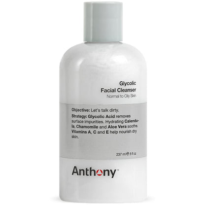 Anthony Glycolic Facial Cleanser for Men, Daily Exfoliating & Hydrating Face Wash, Shave Prep, Non-Foaming, Deep Cleansing, Gentle on Sensitive Skin, Removes Dirt & Oil, Smooths Texture, 8 Fl Oz