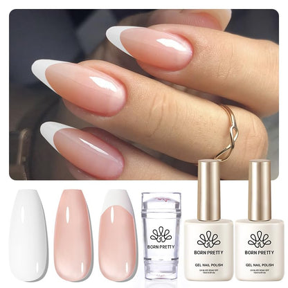 Born Pretty French Manicure Kit, Nail Stamper and 2Pcs Gel Nail Polish, Include Jelly Nude White Colors for French Tip DIY Salon, U V Light Cure