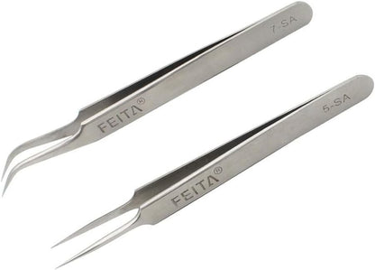 FEITA Precision Eyelash Extension Tweezers Set - Professional Straight & Curved Pointed Very Fine Tip Tweezers for Lash Extensions - Silver - 2Pcs