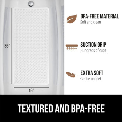 GORILLA GRIP Patented Bath Tub Shower Mat, 2 Pack, Machine Washable Bathtub Floor Liner Mats, Suction Cups and Drain Holes to Keep Tubs Clean, Soft on Feet, Bathroom Essentials, 35x16 Inch, White