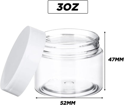 SATINIOR 24 Pieces Empty Clear Plastic Jars with Lids Round Storage Containers Wide-Mouth for Beauty Product Cosmetic Cream Lotion Liquid Butter Craft and Food (White Lid,3 oz)
