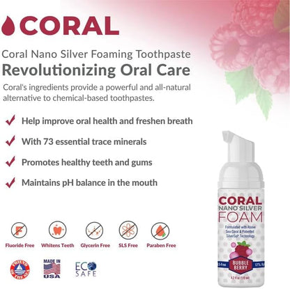 Coral Nano Silver Kids Fluoride Free Foaming Bubble Berry Coral Calcium Toothpaste, Natural Formula, SLS and Glycerin Free - 4 Ounce
