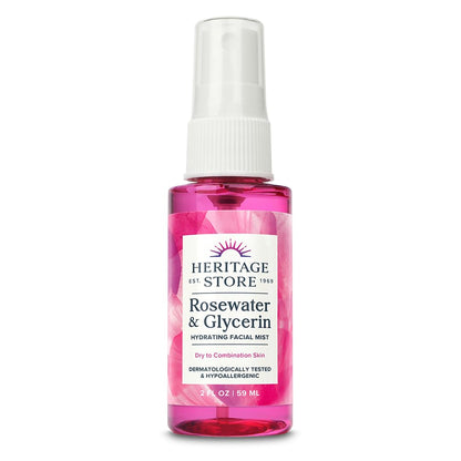 HERITAGE STORE Rosewater & Glycerin Hydrating Facial Mist - Dry Combination Skin Care - Rose Water Spray w/Vegetable Glycerine, Made Without Dyes or Alcohol, Hypoallergenic, Vegan, Cruelty Free, 2oz