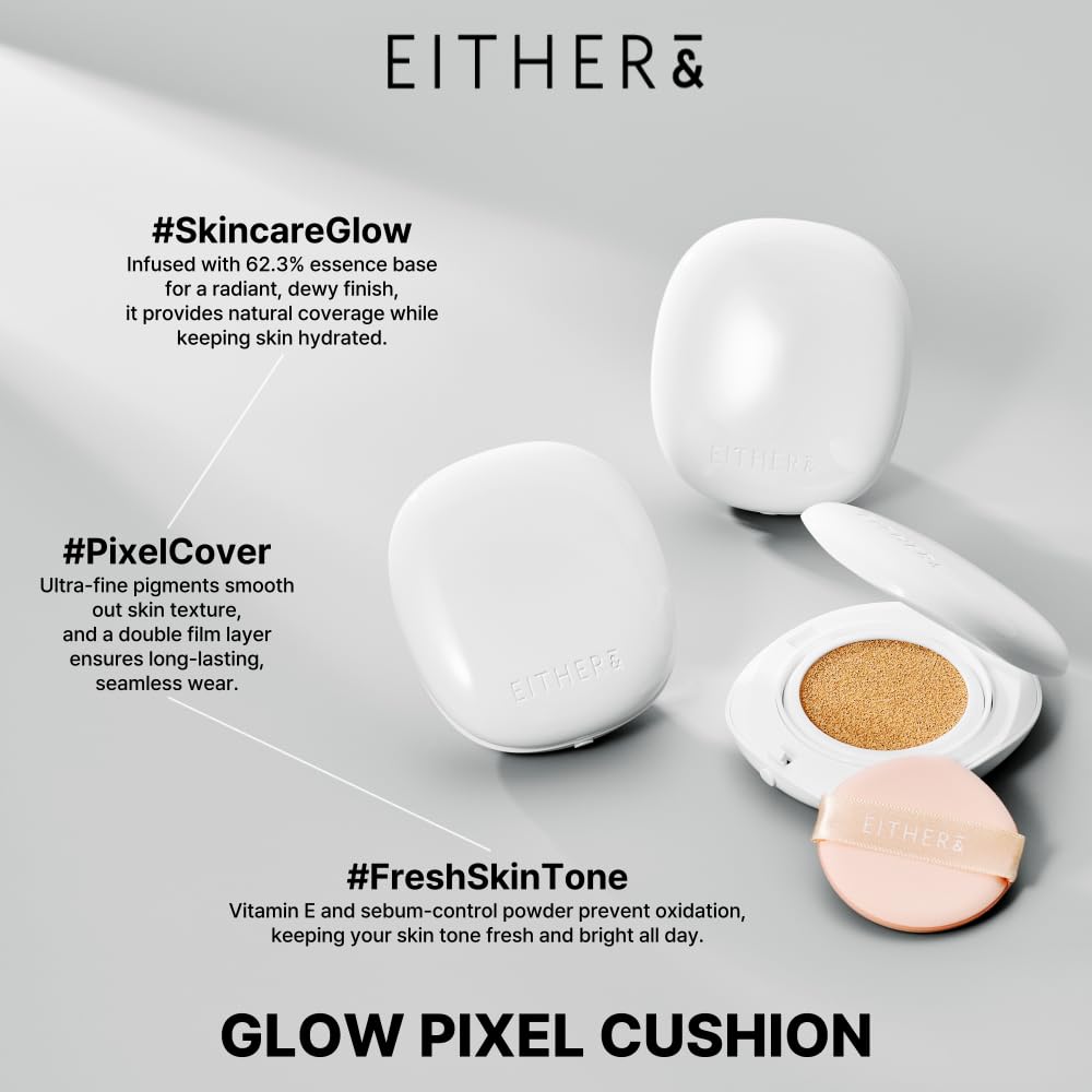 EITHER& Glow Pixel Cushion Foundation, Glowy Skincare, Korean Makeup, Natural Coverage, Moisturizing, Lightweight, Long Lasting Coverage for Flawless Skin (21N Natural)